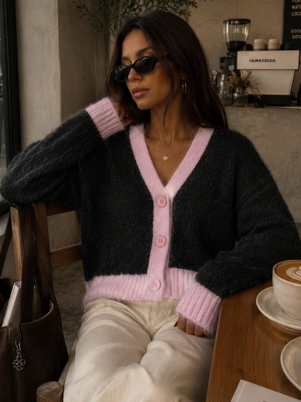 Zara Cropped Knit Contrast Hem Cardigan Grey Pink Size Medium